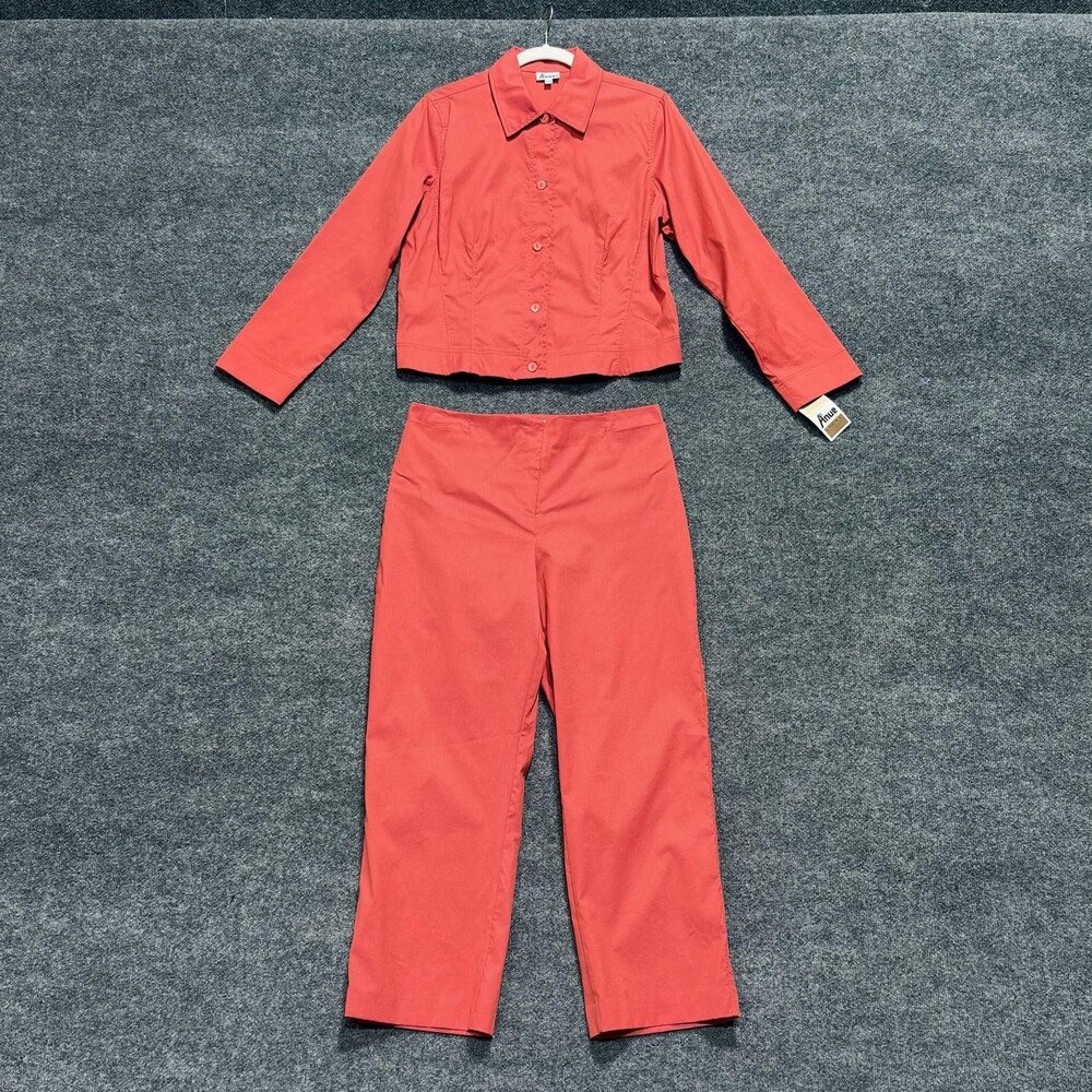 A'nue Ligne Jacket Pants Set Womens Medium Red Horizon Button Front Casual Coral